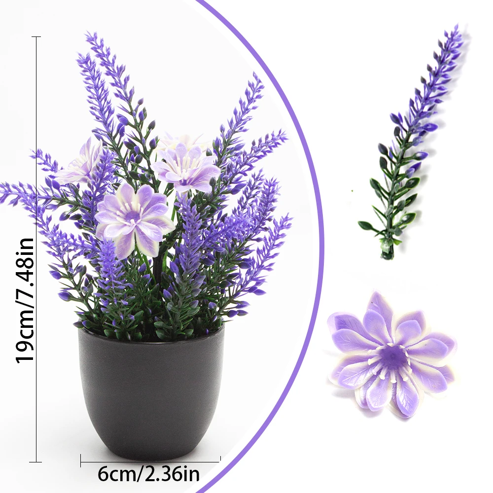 2 Stück Künstliche Lavendelpflanzen im Topf, Mini Plastik-Gänseblümchen, Künstliche Blumen-Bonsai für Innenräume, Schreibtisch, Schlafzimmer, Regal, Büro, Heimdekoration – Detail 6