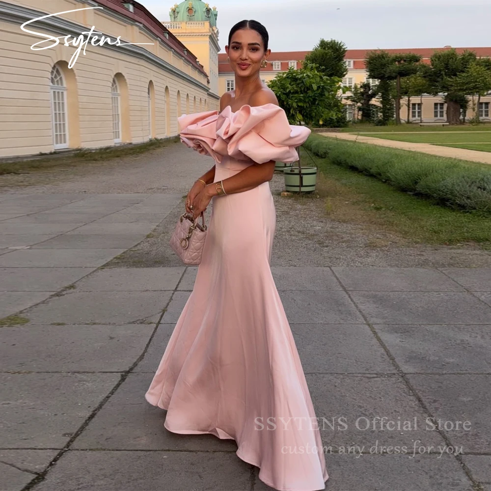 SSYTENS ชุดราตรีสีชมพูหรูหรา ชุดราตรีทรงเมอร์เมดแบบเปิดไหล่ ชุดราตรีจับจีบแบบรูช ชุดออกงานทางการ ชุดงานเลี้ยง สามารถสั่งตัดได้