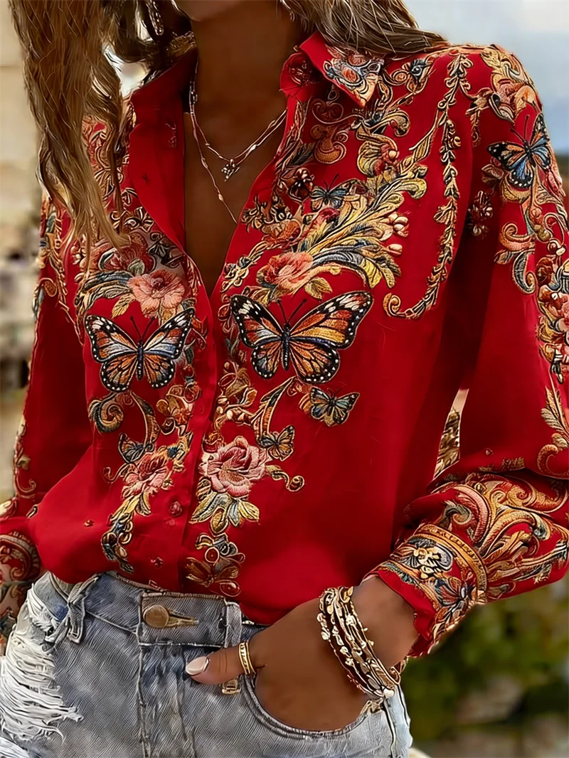 New Men's Long Sleeved Shirt with 3D Printed Butterfly Pattern on the Collar, Luxurious Men's Top, Soft and Comfortable