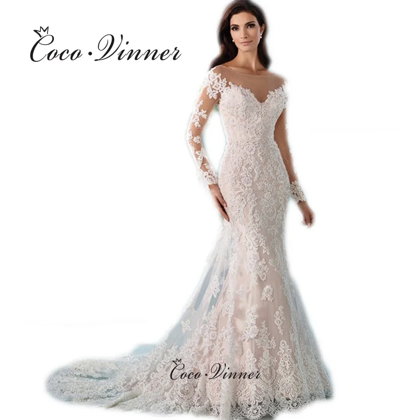 

Европейское модное свадебное платье русалки с прозрачным вырезом по индивидуальному заказу, свадебное платье с иллюзией сзади и длинными рукавами, кружевные аппликации W0044