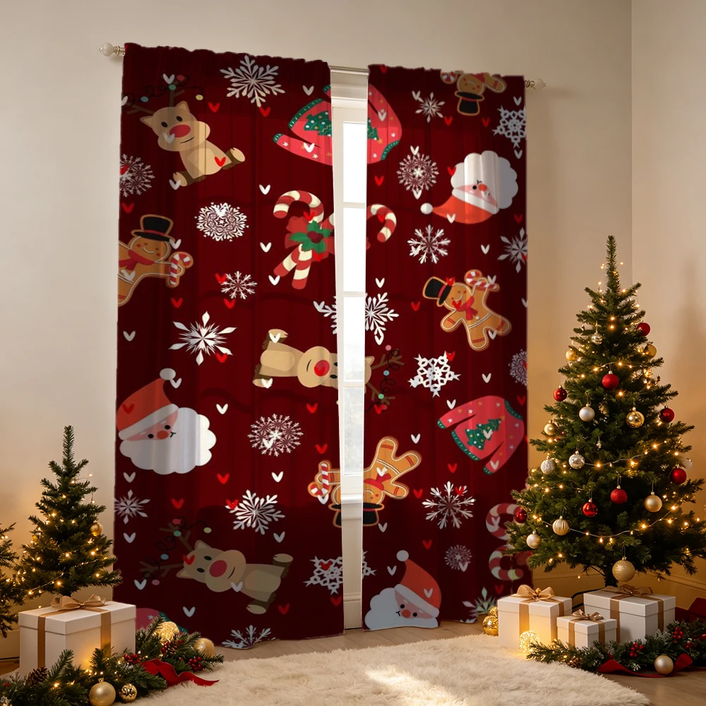 2PCS Christmas Curtains, Wine red cartoon holiday icons Print, Bedroom Window Drapes, Rod Pocket Polyester, Home Decor