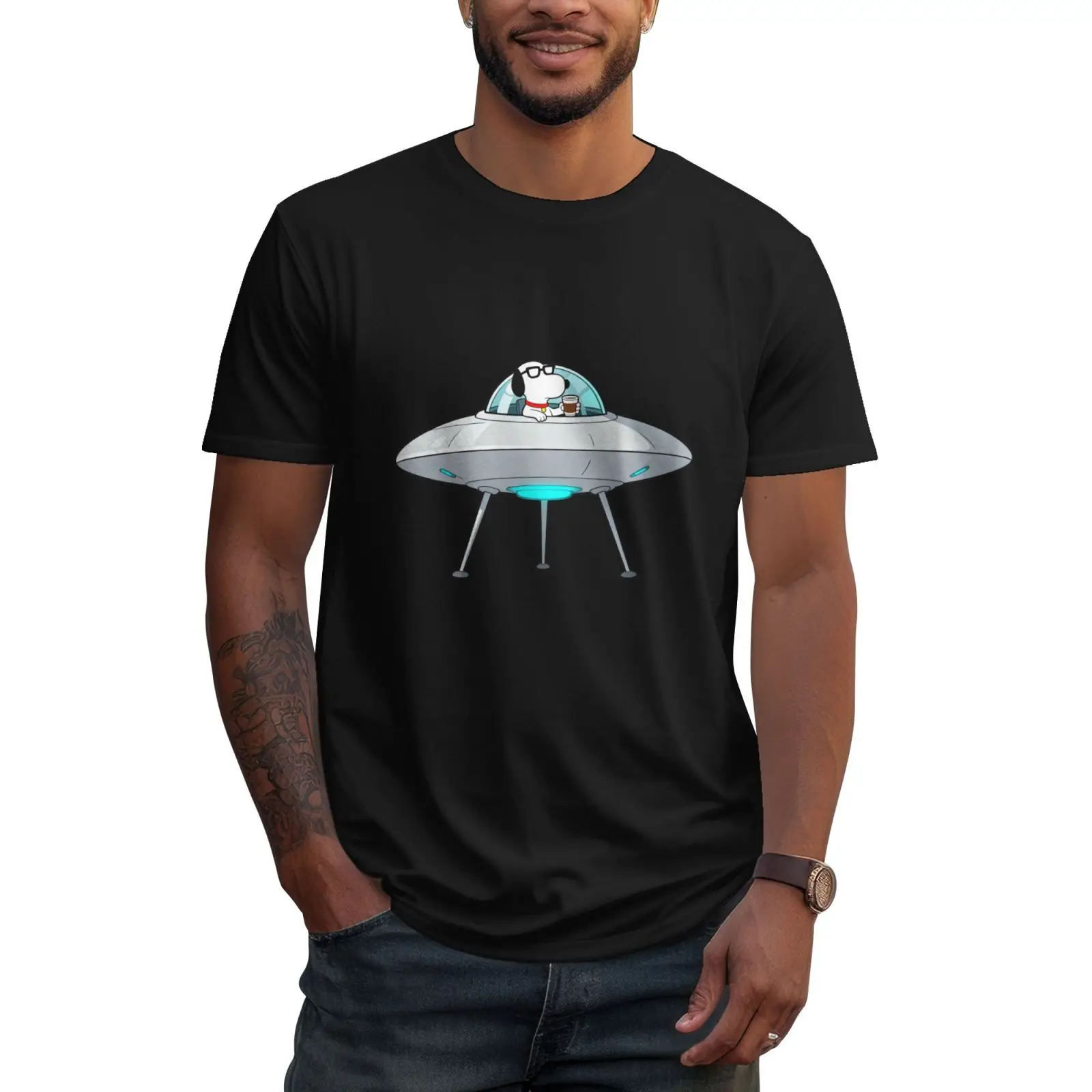 تي شيرت قطني مطبوع عليه كلب لطيف وسفينة الفضاء للرجال والنساء، تي شيرت رائع بأكمام قصيرة مريح وقابل للتنفس