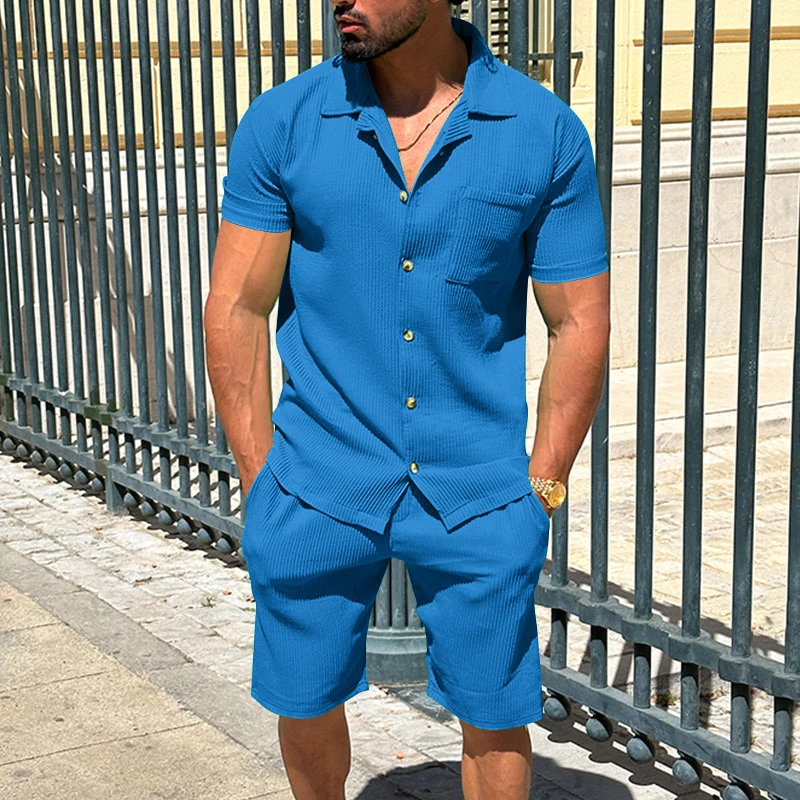 Summer Men Button Cardigan Shorts Suit Casual Sports Lapel T-Shirt Short Sleeve Solid Beach Men's 2 Pieces Set