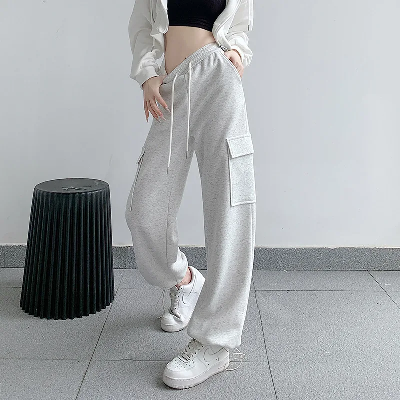 Women Pants Solid Pockets Loose Pants Casual High Street Drawstring Pant Streetwear Lady Slight Strech Spring 2025 Sports