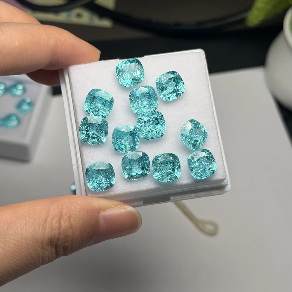 Lab Created Paraiba  Crushed Ice Cushion Cut Loose Gemstone  For Jewelry Making Ring Pendan