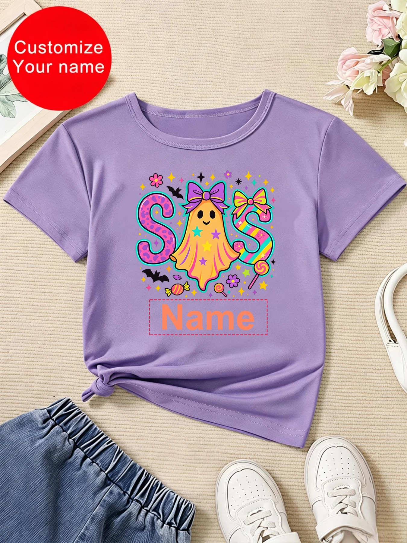 Customize Your Name Halloween Sis Bow Candy Bat Pumpkin Printed T Shirt Girls Halloween Gift T-Shirt Funny Kids Clothes