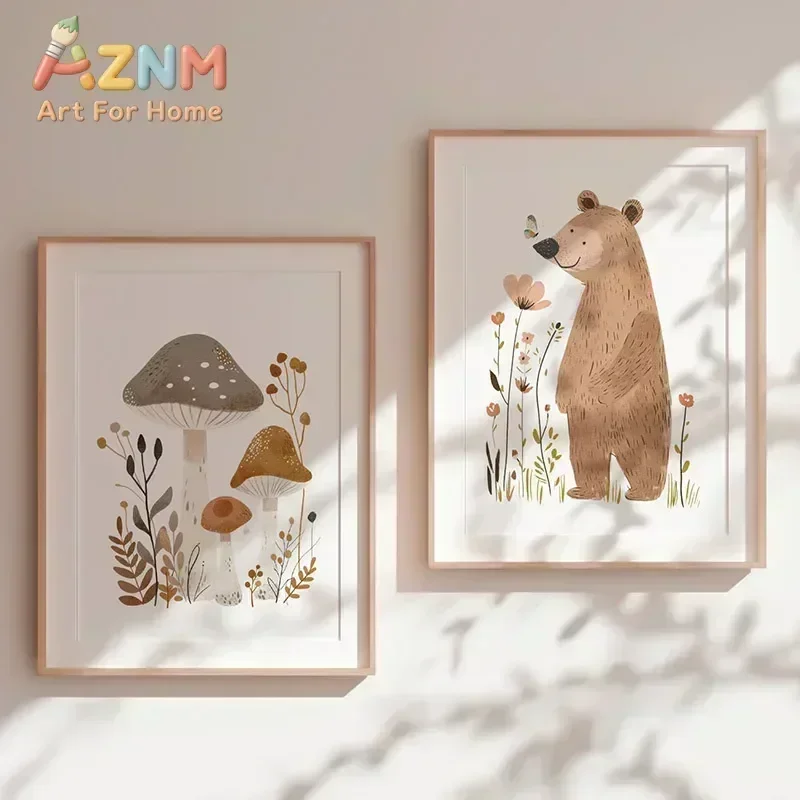 AZNM Woodland Animal Canvas Wall Art, Deer Rabbit Bear Moose Mushroom Forest Print, Neutral Nursery Wall Decor, Unframed Canvas