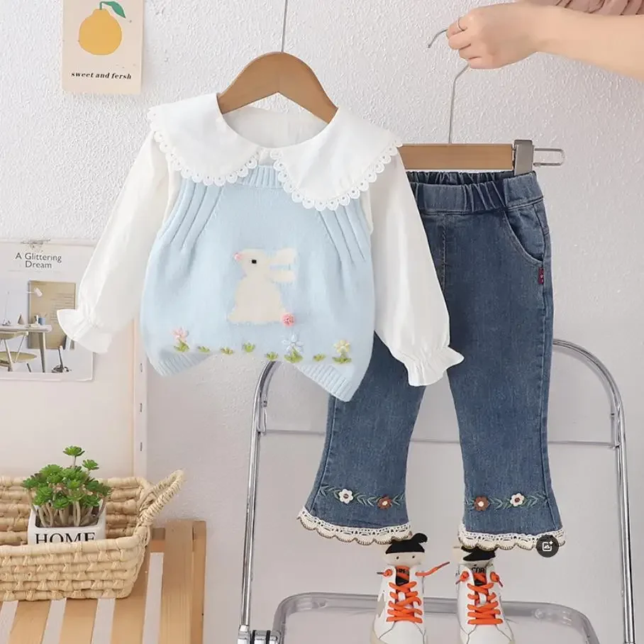 Baby Designer Girls Clothes Outfits Spring Autumn Cartoon Rabbite Knitted Vests+Shirts+Pants 3Pcs Children Suits Kids Bebe Sets