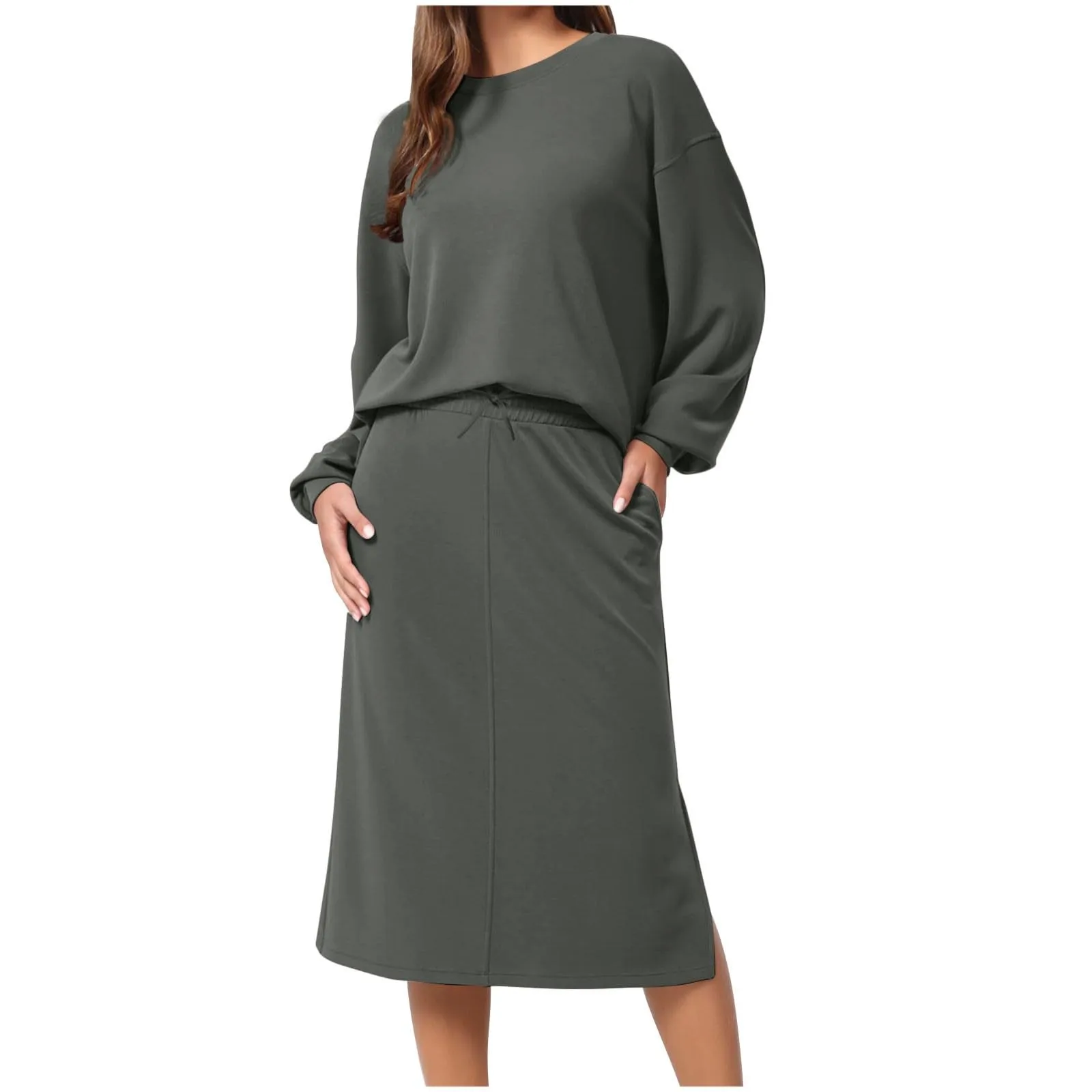

Solid Color Loose 2 Piece Outfits For Women Pullover Casual Crewneck Sweatshirt With Midi Skirt Fall Long Sleeve Tracksuits