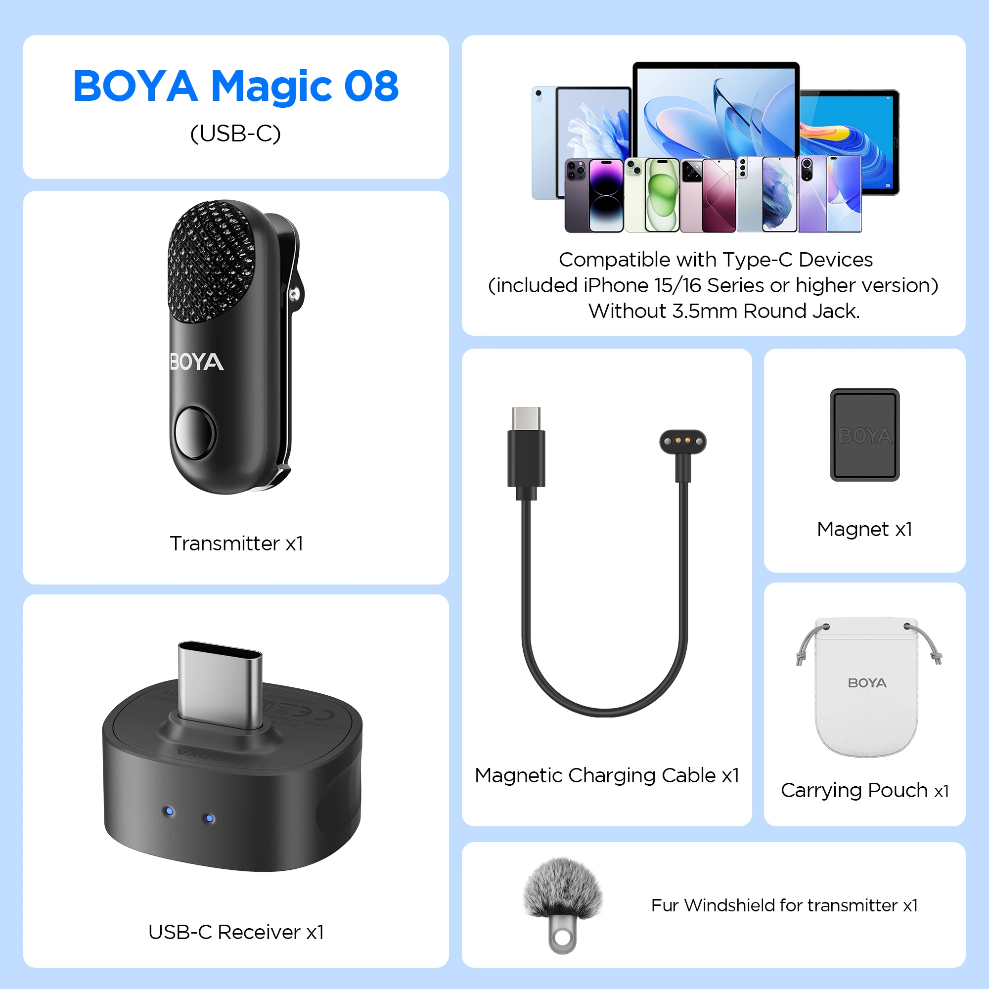 BOYA Magic Wireless Lavalier Microphone 4 Forms in 1 Mic for iPhone Android USB-C Phone Camera for Interview Live Streaming