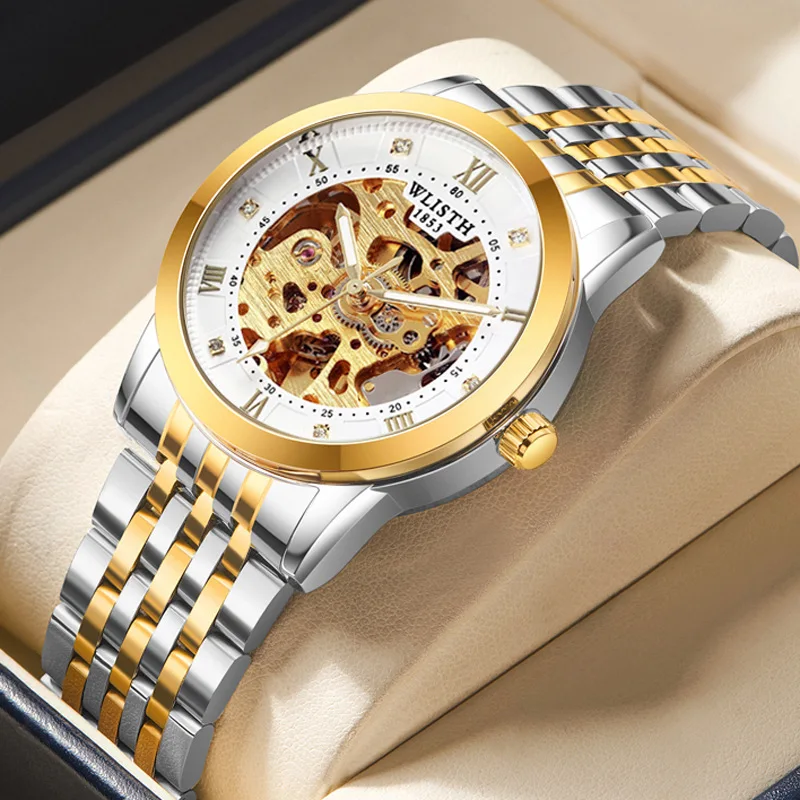 Men Two-Tone Skeleton Mechanical Watch, Hollow Dial Rose Gold Bezel Stainless Steel Band Luminous Waterproof Wristwatch