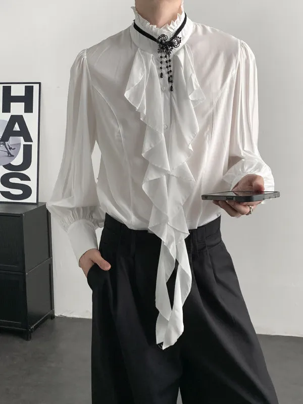 

White Slim Fit Men's irt New Chinese Design TANGZ STUDIO Retro Court Sle Inner Wear Long Sve Button up Pure Color