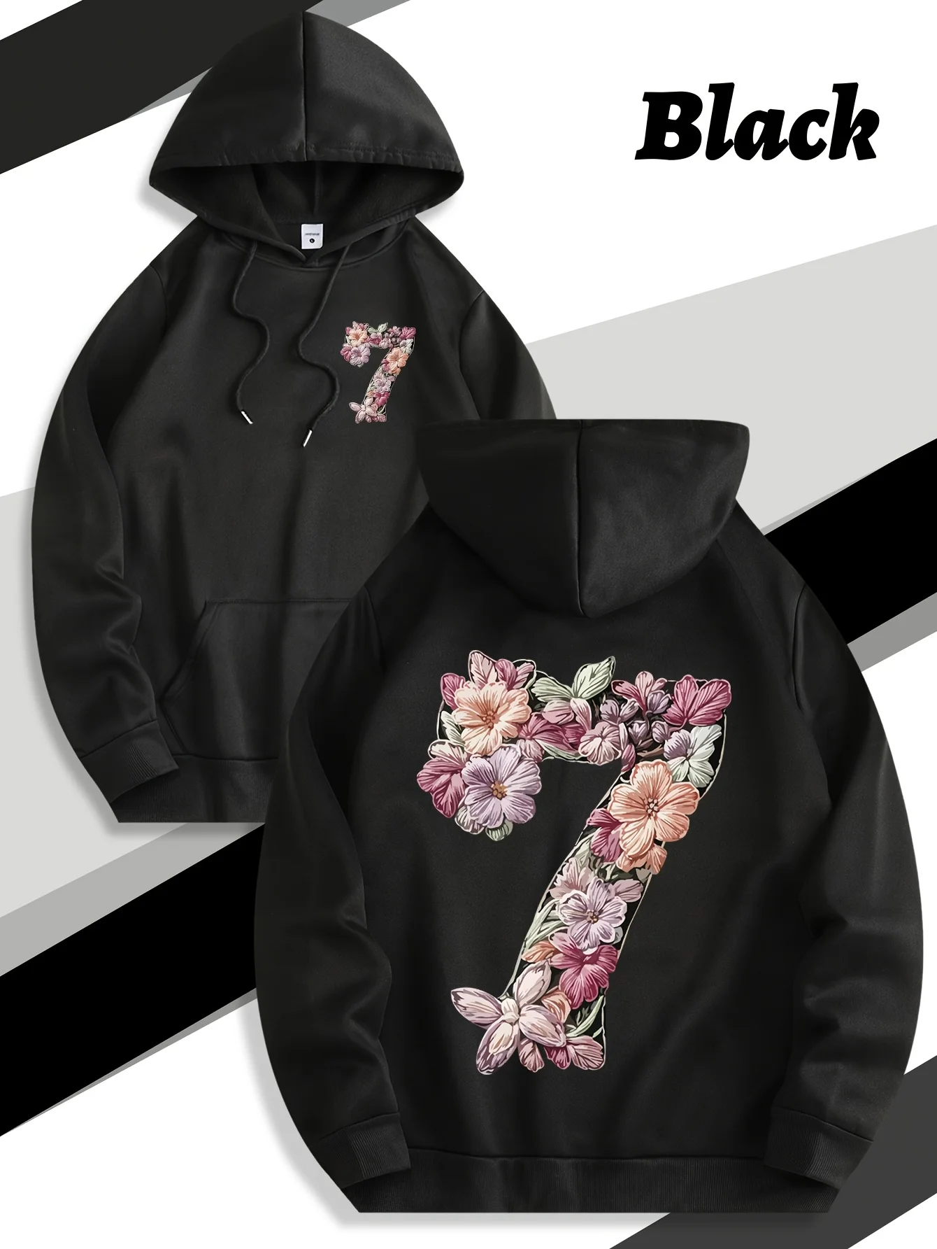 Men Hoodie Double Sided Floral Number 7 Graphic Print Pullover Sweatshirt Long Sleeve Kangaroo Pocket Casual Street Hooded Tops