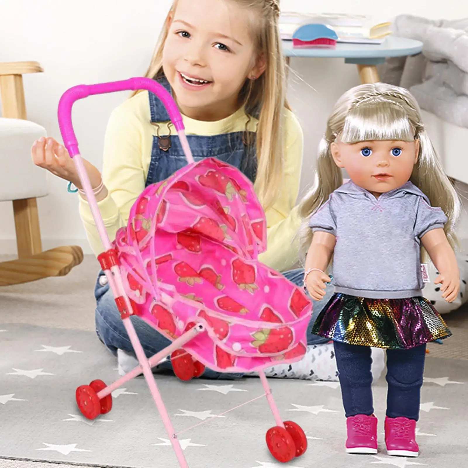 Коляска для куклы, коляска для ролевых игр с навесом, реалистичная складная коляска для детей, для мальчиков и девочек, для дома, путешествий, вечеринки, дня рождения