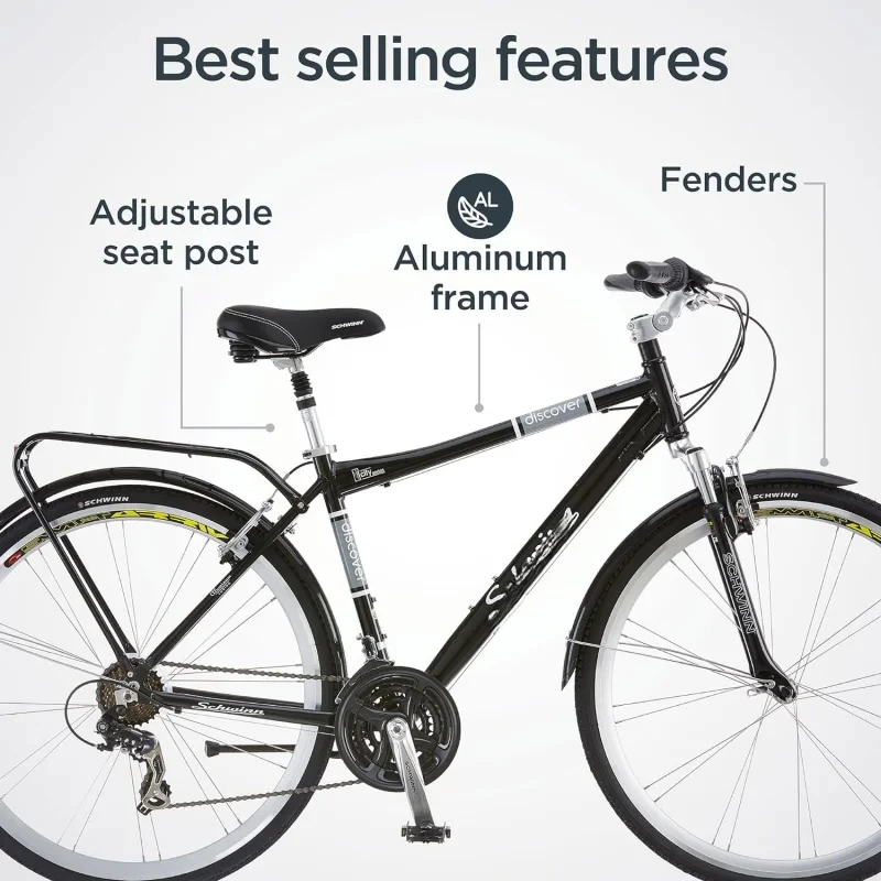 ASchwinn Discover Adult Hybrid Bike for Men Women,700c Wheels,21-Speeds,Through or Step-Over Frame,Front Fenders,Rear Cargo Rack