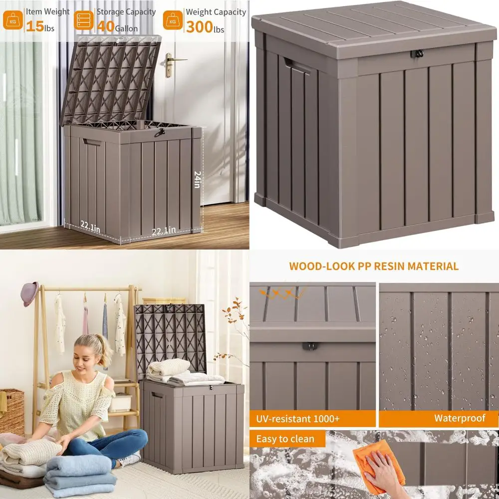 

Grey 40 Gallon Lockable Outdoor Storage Box for Patio Furniture, Garden Tools, and Waterproof Storage