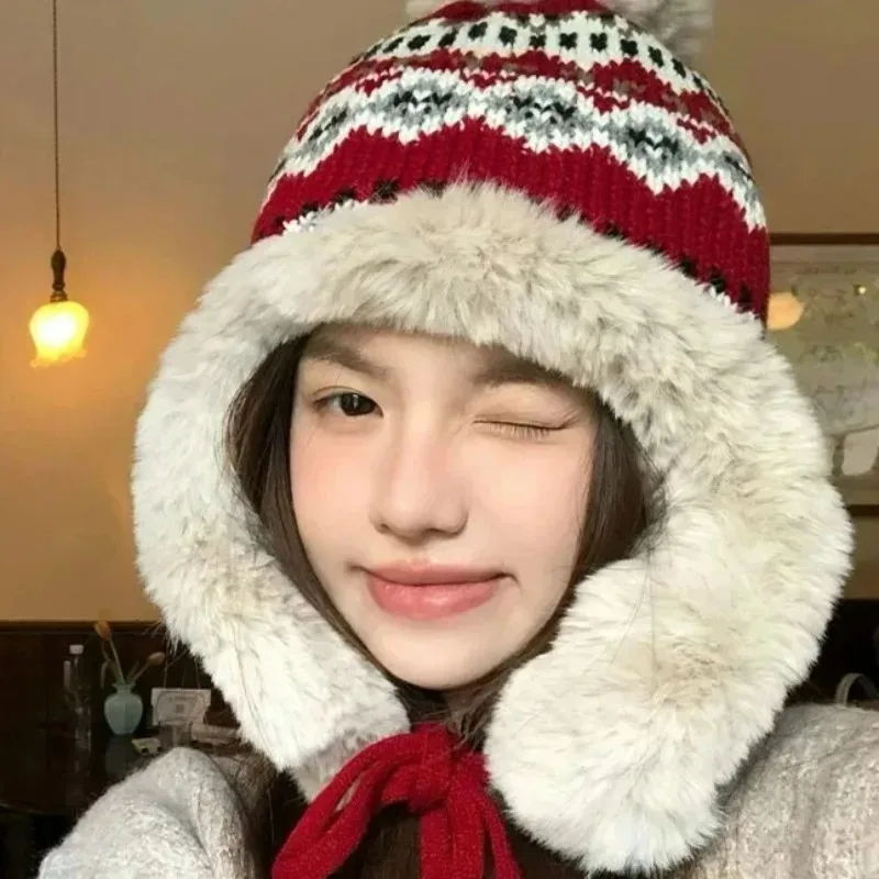 2027 Thicken Fleece Earflap Hat Winter Warm Windproof Plush Knitted Thermal Bomber Outdoor Travel Hiking Ski Beanie Women Men