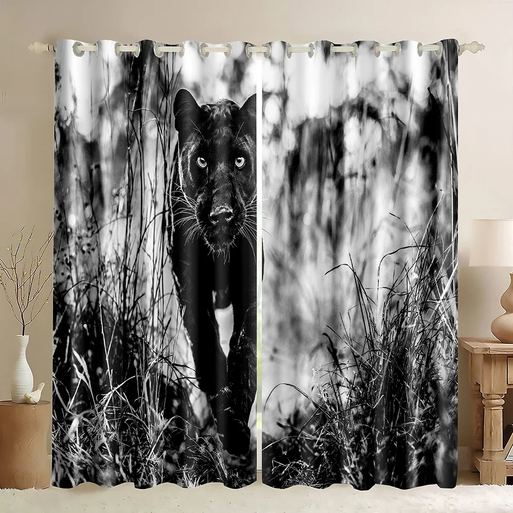 Black Panther Blackout Curtains Running Cheetah Black and White Style Wildlife Animal Beast Themed Living Room Window Curtains