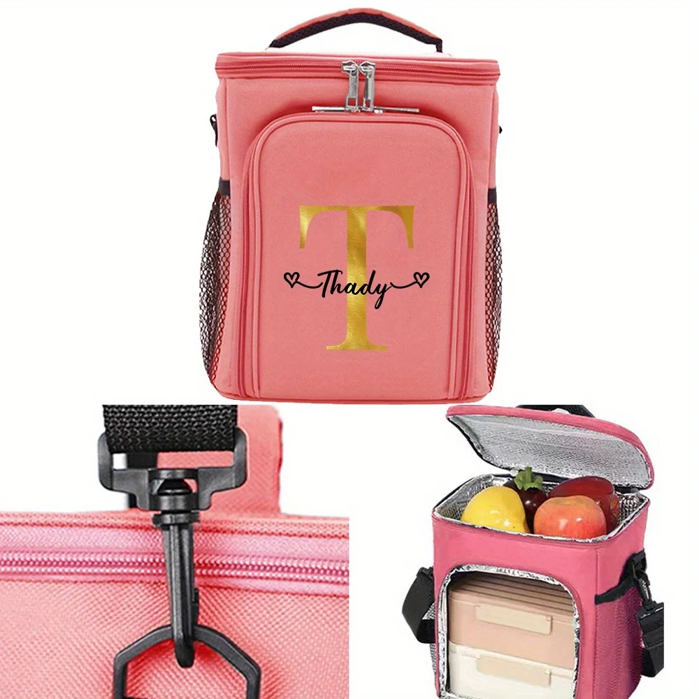 Customizable Name Double-layer Lunch Bag Insulated Bento Bag Portable Large Capacity Double-layer Bento Bag Gold Letter Series