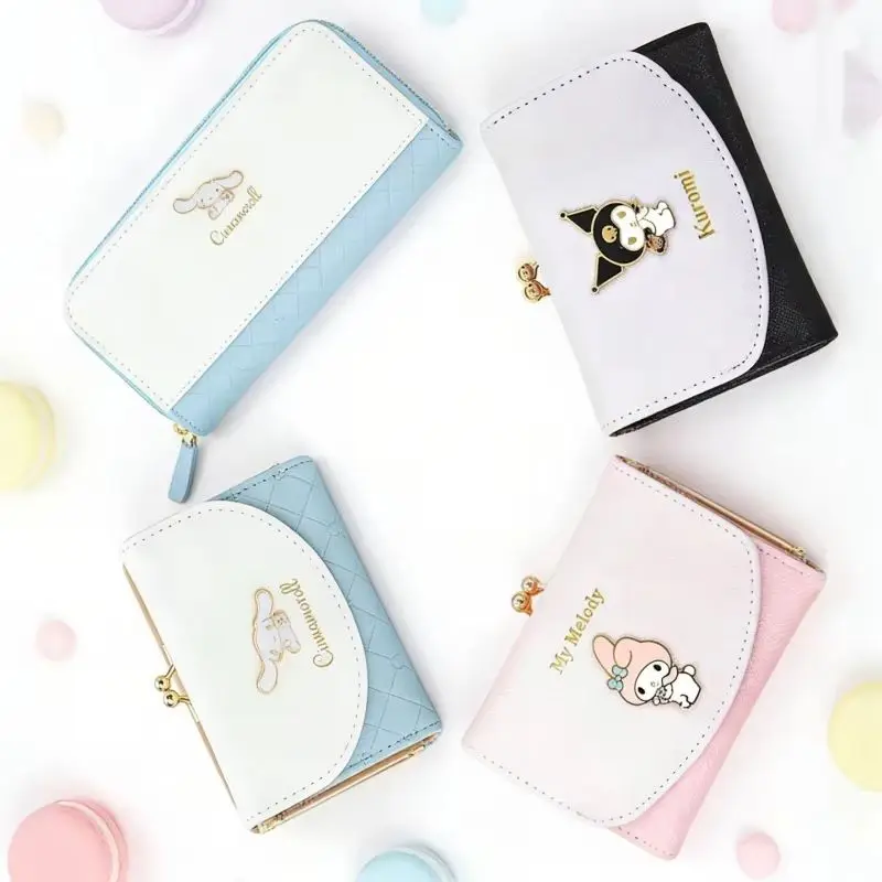 

Cute PU Leather Wallet for Women Folding Card Bag Hello Kitty My Melody Cinnamon Pringle Kuromi Pocketbook Female Accessories