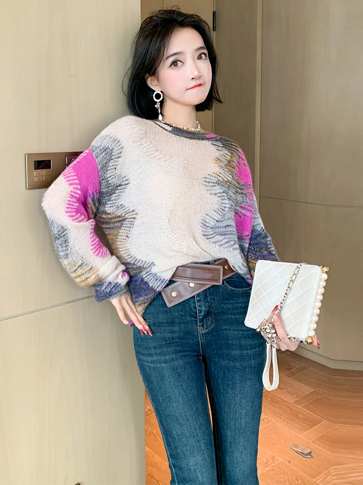 

Новинка! Вязаный свитер оверсайз с круглым вырезом и длинными рукавами, в стиле Artistic Color Blo, для повседневной носки, стандартной длины.