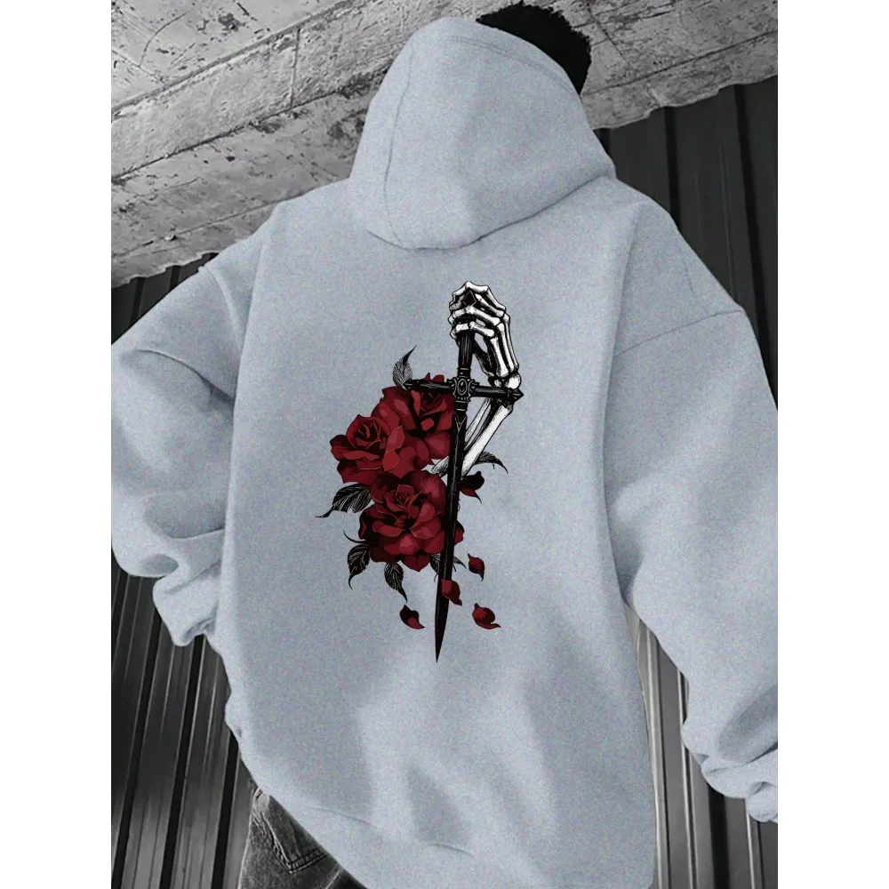 Skeleton Hand Sword Red Rose Dark Tattoo Style Large Back Print Hoodie Pullover Unisex Loose Fleece Lined Autumn Winter
