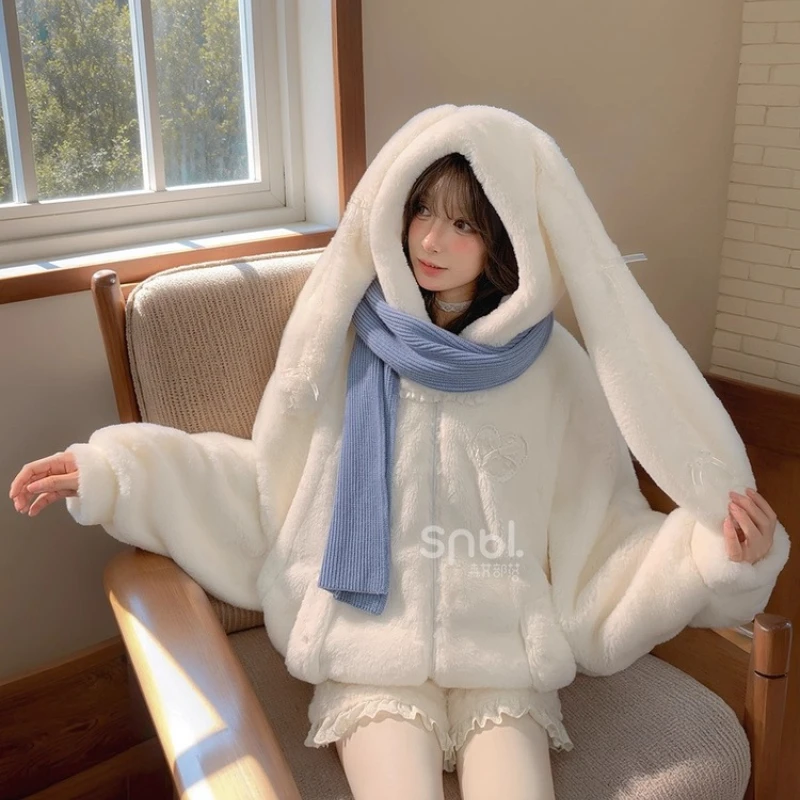 Süße süße Mädchen Kaninchen Ohr mit Kapuze Fleece Hoodies Sweatshirt verdickt warm vielseitig lose weiße kurze Jacke Mantel Frauen Winter