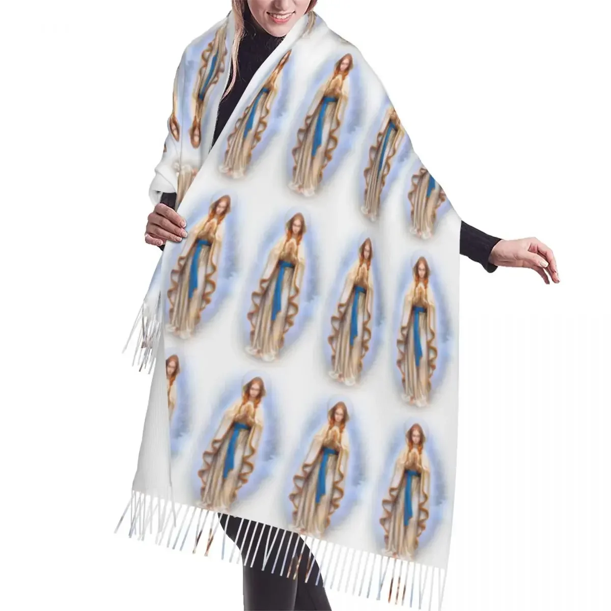 Custom Luxury Our Lady Of Perpetual Tassel Scarf Women Winter Warm Shawl Wrap Female Fashion Versatile Female Scarves