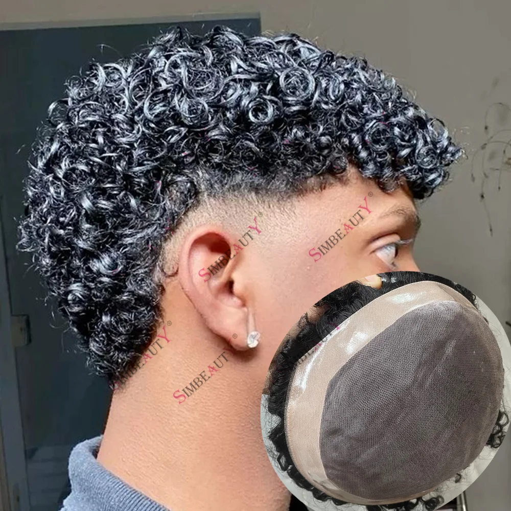 8mm/10mm African Curly Super Durable Monofilament Mesh NPU Natural Human Hair Breathable Men Toupee 12mm Curl Afro Hair System