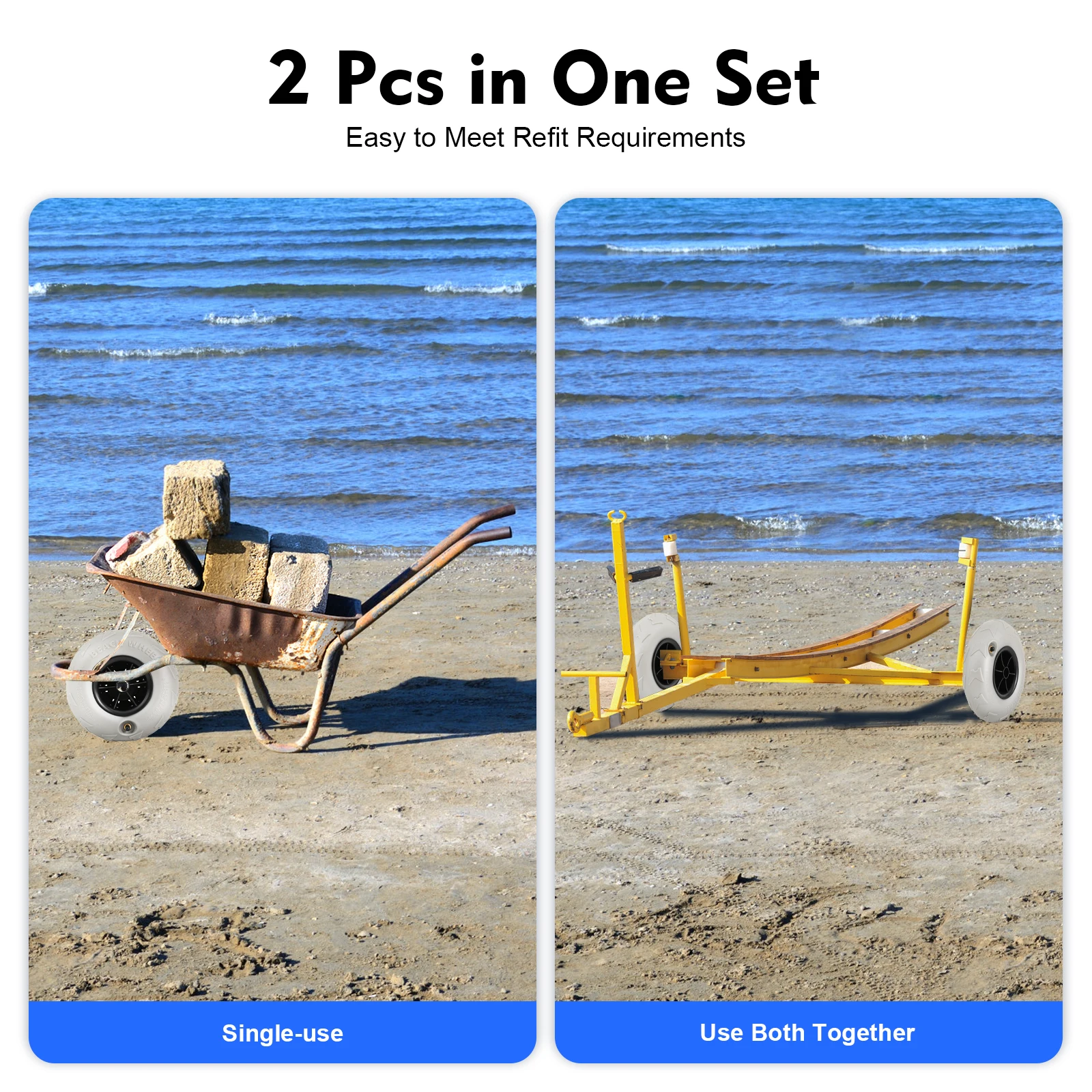 عجلات بالونات مكونة من قطعتين مقاس 9 بوصات، إطارات رملية بديلة لـ Kayak Dolly، عربة الزورق، عربات الشاطئ، عجلات لجميع التضاريس، مداس واسع #3