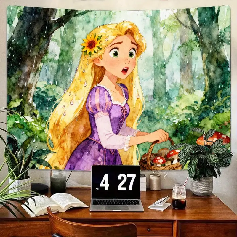 

1PC Rapunzel Forest Tapestry, Watercolor Anime Princess Mushroom Picking Wall Hanging Art, Girl Room Bedroom Aesthetic Decor Gif