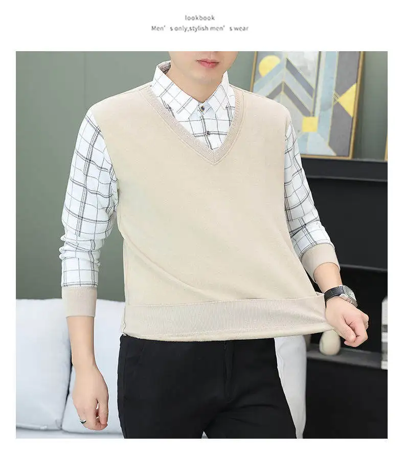 

Men's Knit Sweater Fake Two Piece Shirt Collar Pullover Thickened Winter Warm Casual Streetwear Trendy Men's Autumn Sweatercoat
