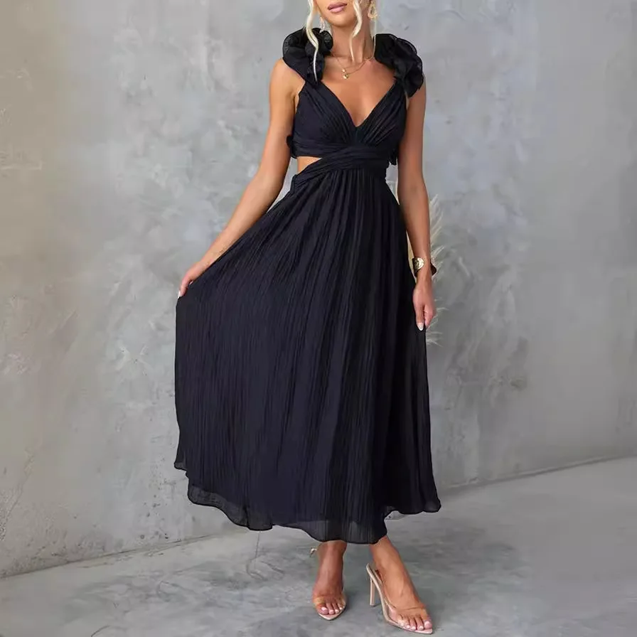 Deep V-neck Solid A-line Midi Dress For Women Fashion Summer Sexy Backless Elegant Lace Up Long Dresses Hollow Out Trend Party