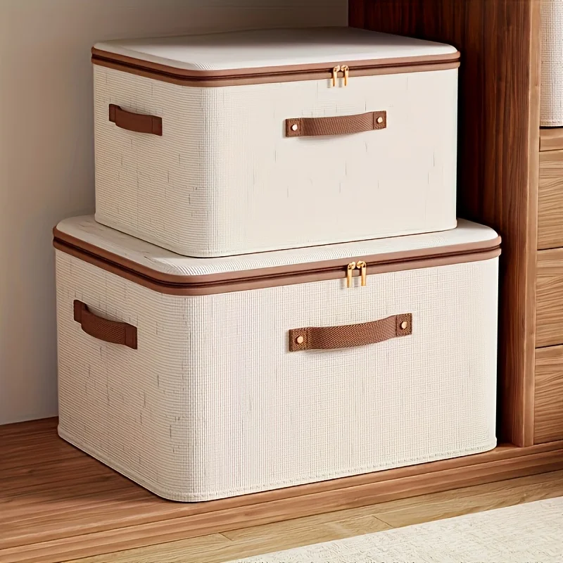 Large Household Storage Box Heavy-duty Hard Shell Cotton Linen Zipper Storage Organizer Box with Lid for Clothes Toys Blankets
