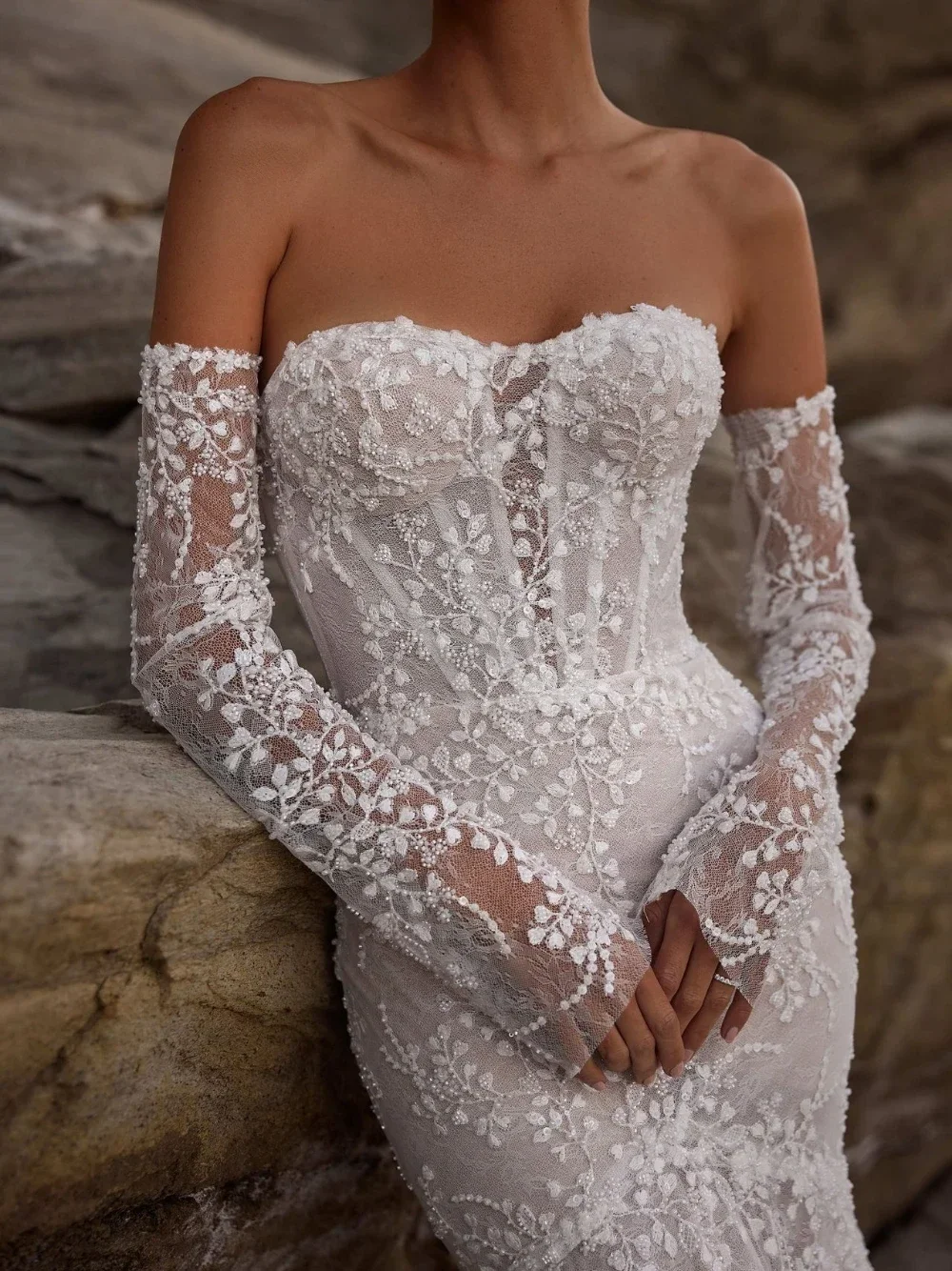 Customized Lace Wedding Dresses Beach Mermaid Beaded Off Shoulder Appliques Detachable sleeves Bridal Gown Vestidos De Novia
