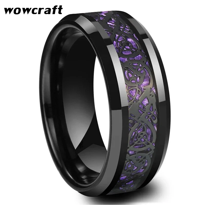 Men Dragon Wedding Bands Black Tungsten Carbide Ring with Purple Carbon Fiber Inlay Comfort Fit