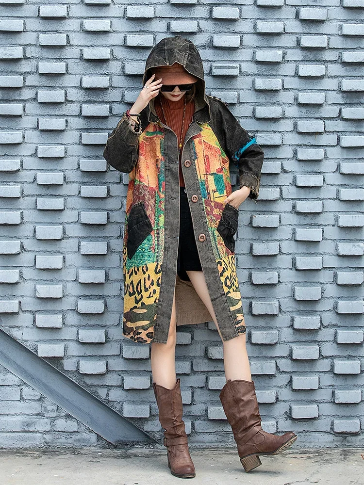 Vefadisa Women Long Sleeves Hooded Coat Loose Retro Mid-length Knitting Splicing Denim Printing Coat 2024 Spring Autumn