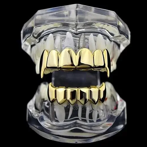 Gold Silver Plated HIP HOP Teeth Grillz Top & Bottom Grills Set With Silicone Real Shiny Vampire Tooth Sets