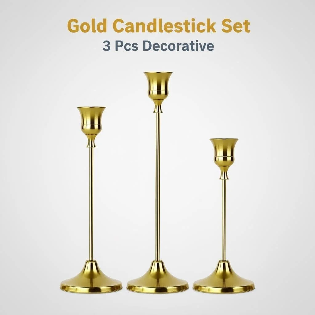 Nordic Minimalist Gold Metal Candle Holder 3 - Piece Set, Graduated Height, Stable Base, Wedding/Home/ Dinner Decoration