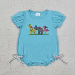 New rts baby girl summer blue rompers wholesale boutique embroidery zoo giraffe elephant pattern girls romper