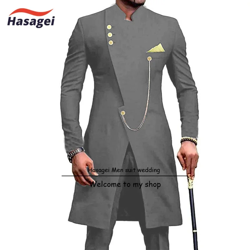 Men\'s Indian Style Suit 2 Piece Suit, Long Jacket Wedding Groom Tuxedo Single Breasted Jacket Pants Formal Party Clothes