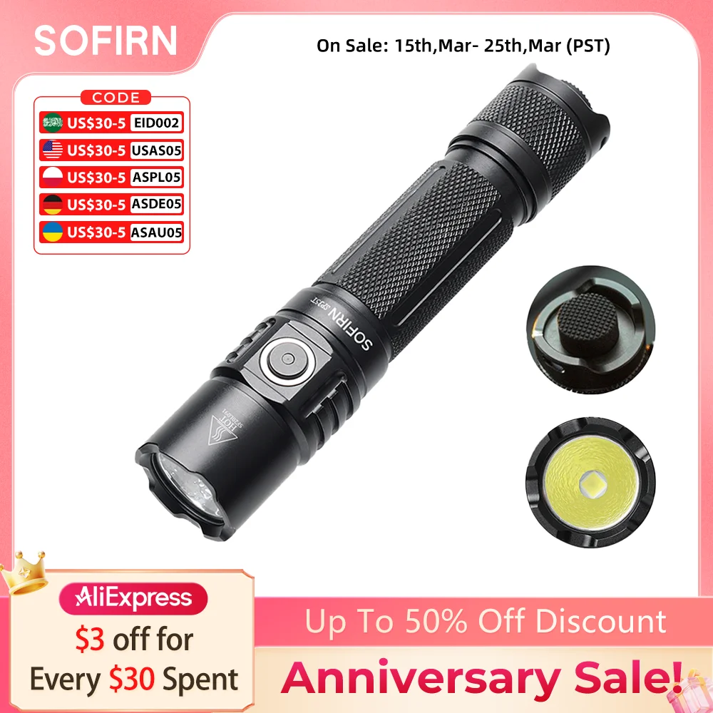 

Sofirn SP35T 3800lm Tactical 21700 Flashlight Powerful LED Light USB C Rechargeable Torch with Dual Switch Power Indicator ATR