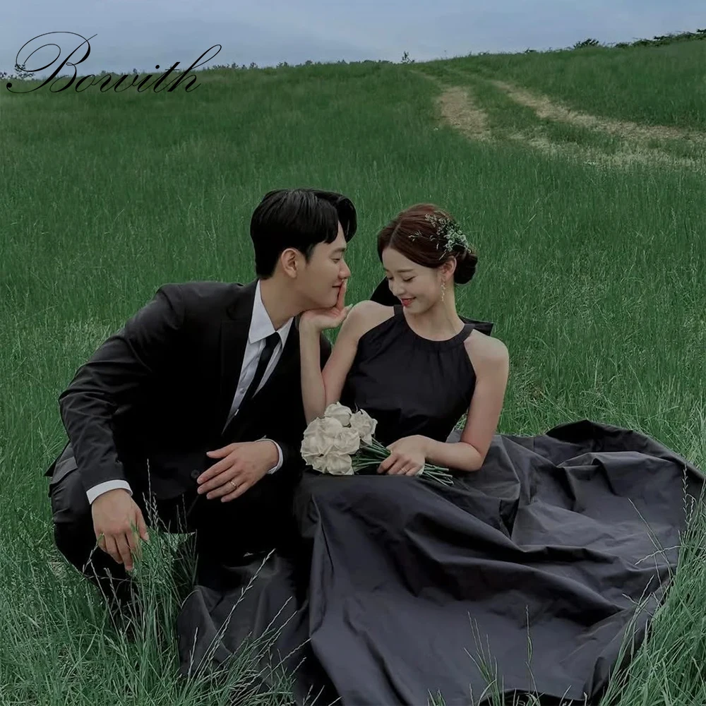 

Bowith Black Wedding Dresses Halter Sleeveless Bridal Gown A-Line Customized Backless Bow Wedding Snap Dresses Party Gown