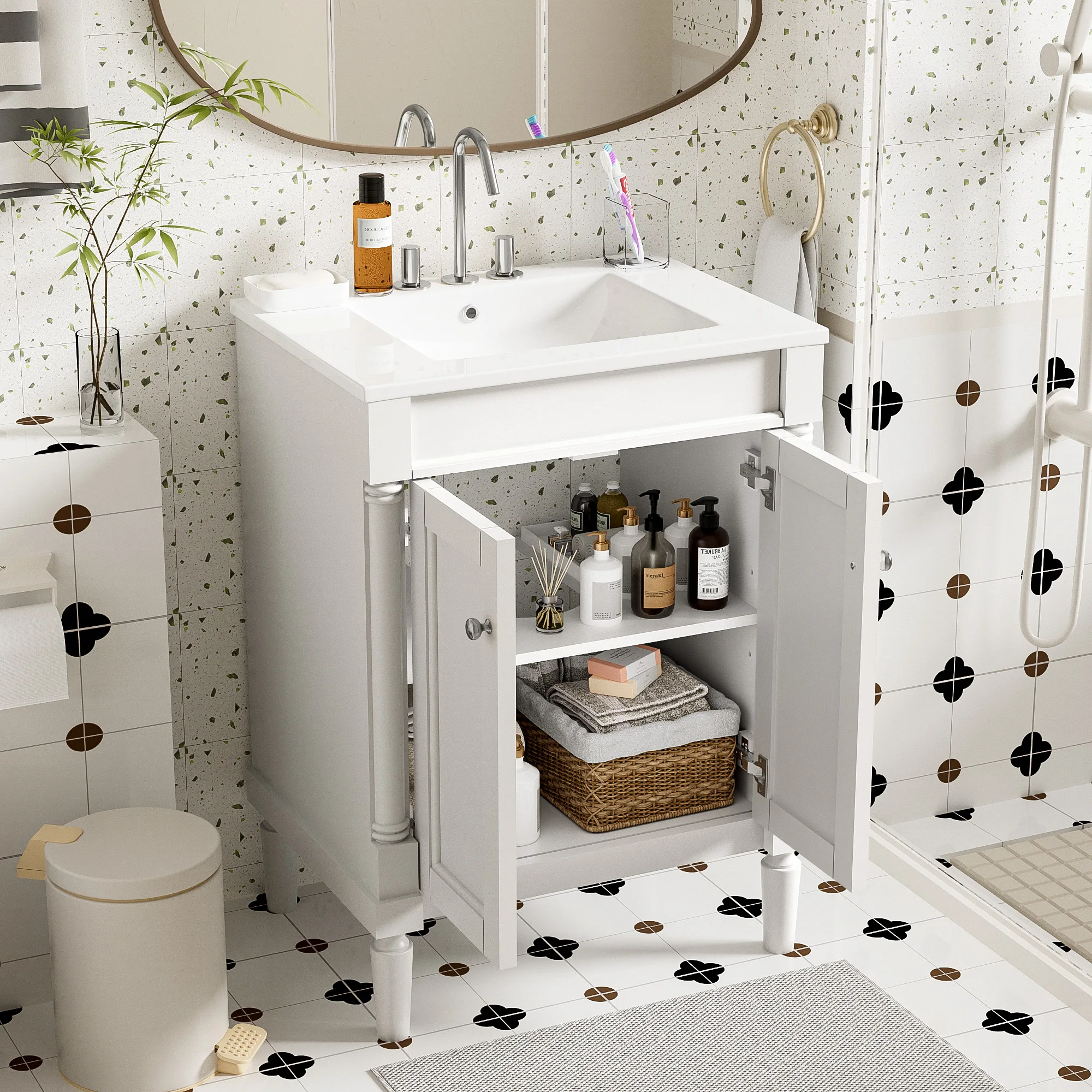 24'' Bathroom Vanity with Top Sink, 2-Tier Modern Bathroom Storage Cabinet, Single Sink Bathroom Vanity, Large Storage Shelves