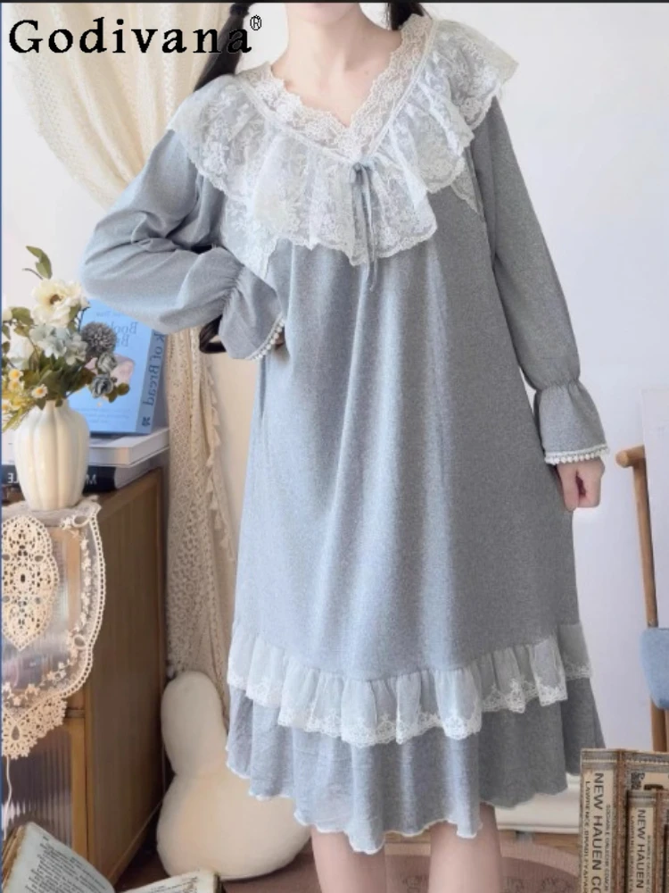 

Spring New Women Long Sleeve V-neck Sweet Lace Hollow Out Princess Loungewear Fashion High Waist A-line Loose Sexy Long Dresses