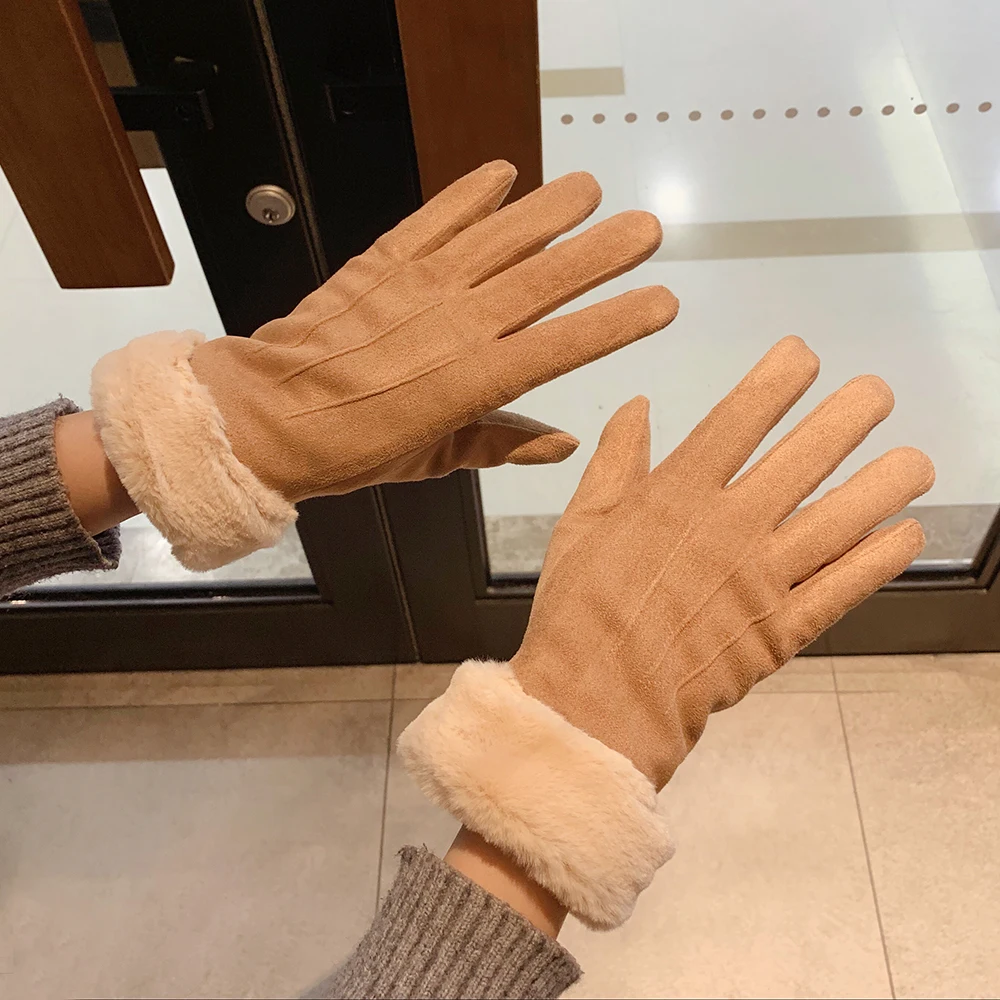 Thickened Fleece Lined Suede Winter Gloves for Women Touchscreen Compatible Cycling Gloves Warm Cold Proof Cute Student Riding