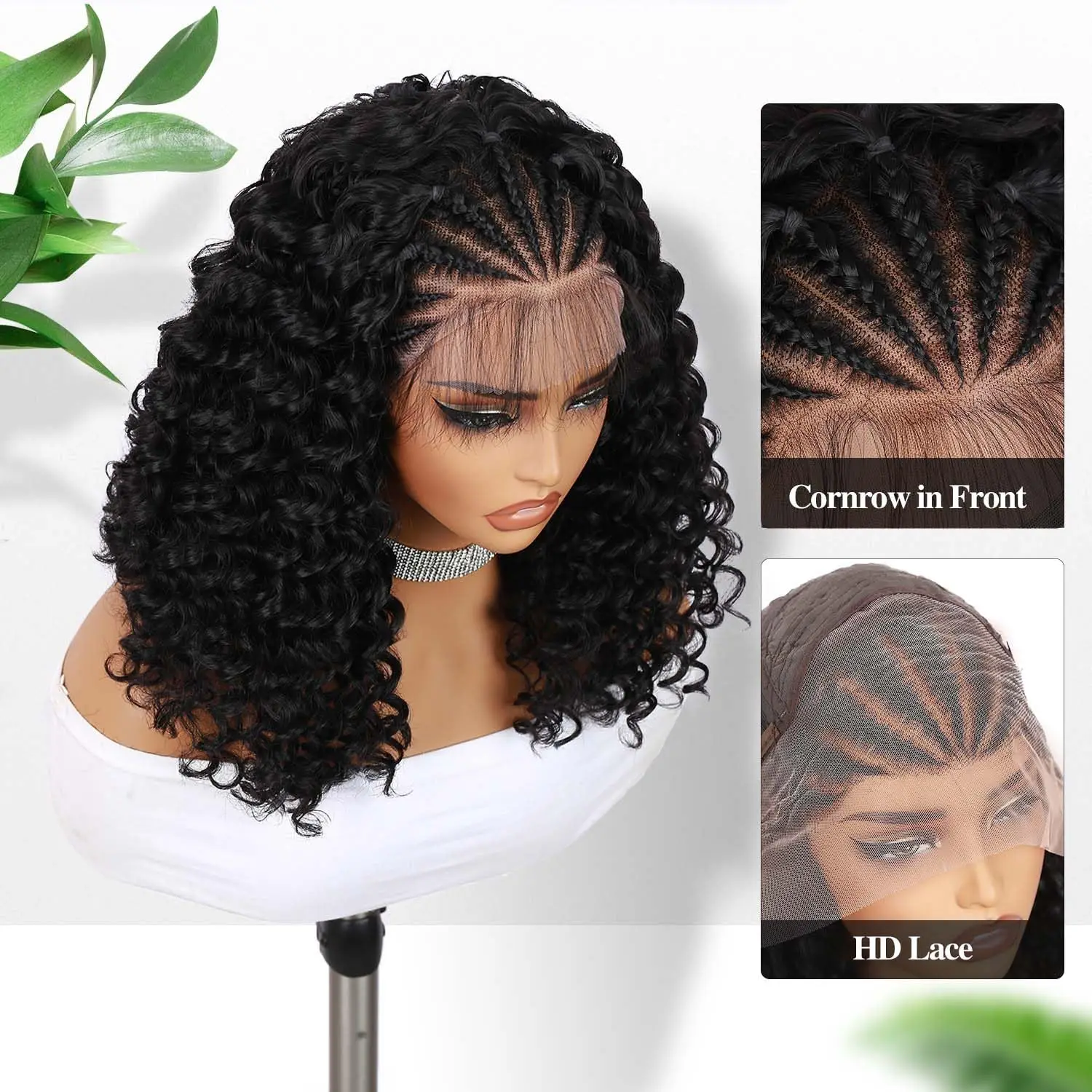 Braided Wig Cornrow Curly Lace Front Wig with Baby Hair Pre Plucked Glueless Transparent Braided Lace Front Wigs for Black Women