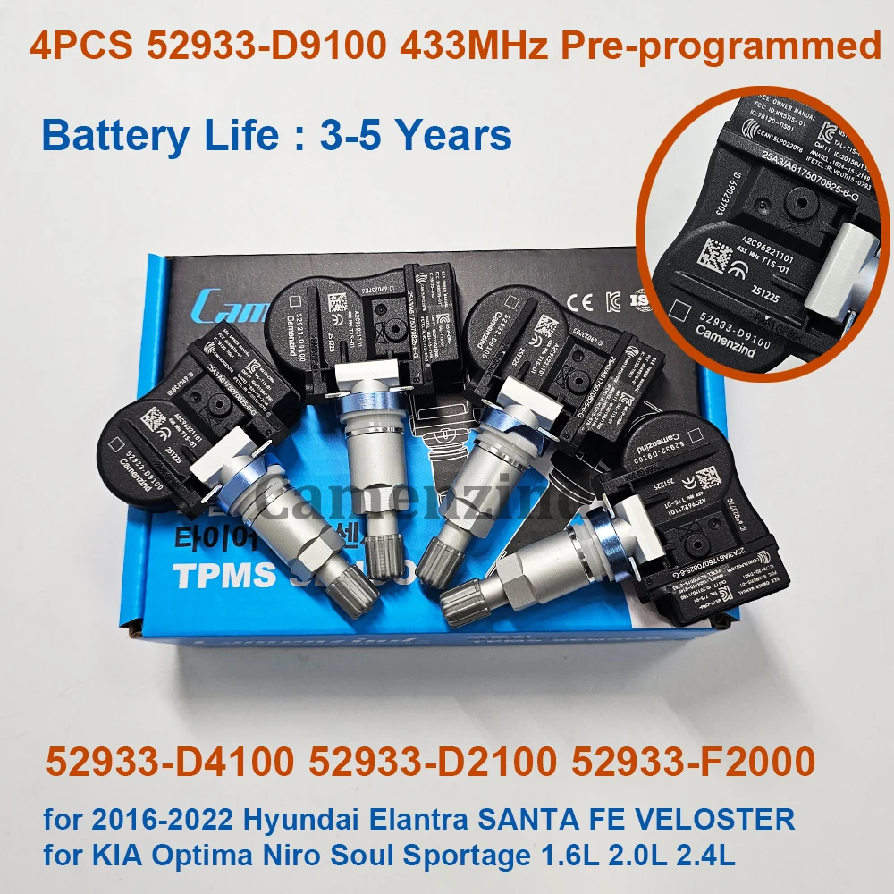 

4 шт. 433 МГц датчик TPMS 52933-D9100 52933-F2000 52933-D4100 для Hyundai ELANTRA KIA OPTIMA NIRO 52933D9100 52933D4100 2016-2022 гг.