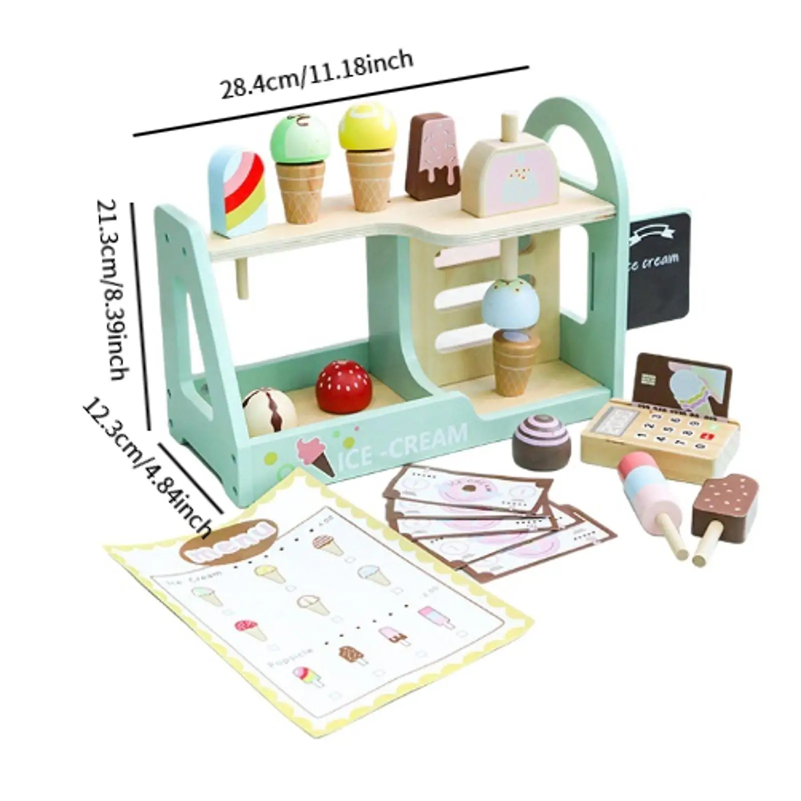 Wooden Ice Cream Counter Role Play Playset, Pretend Play Brinquedos, Conjunto de picolé para meninos e meninas, idades 3, 4, 5, 6 anos