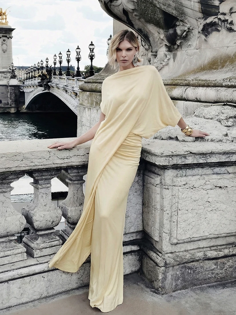 

SylCue Faionable Long Sve Asymmetric Pleated Slimming Dr Versatile Long Dr for Young Women Polyester Fabric Autumn...